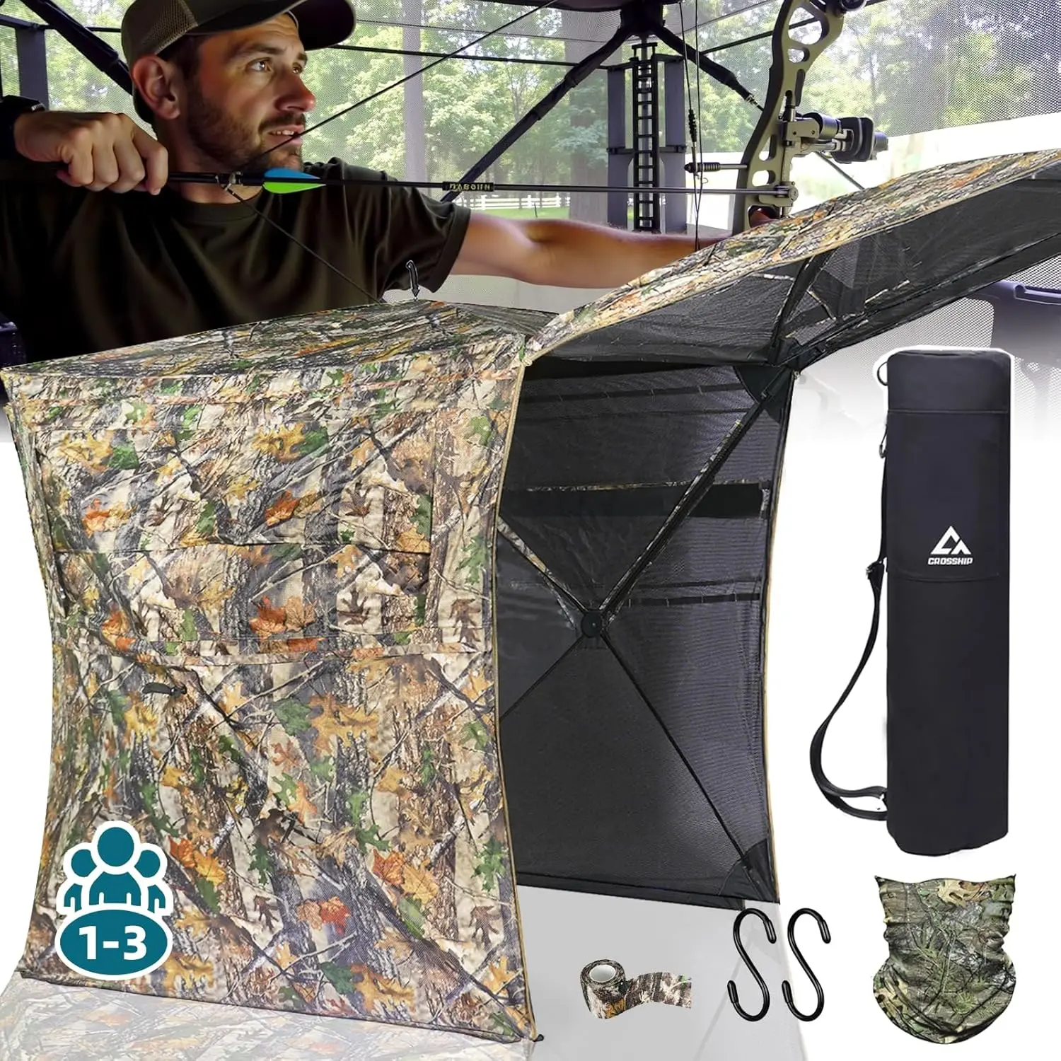 Pop-Up Camouflage Hunting Ground Blind for 1-3 Hunters with 360° 1-Way Visibility & Silent Windows, 67" Height, 300D Waterproof Fabric, All-Weather Stability System, Includes Face Mask, 360° One-Way Visibility