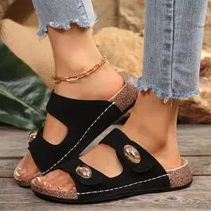 Women's Cork Footbed Sandals Comfortable Slip-On Slide Flat Sandals Summer