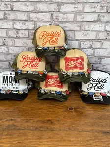 Printed trucker hat w/ repurposed bottle cap chain