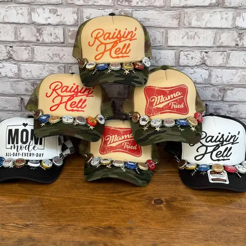 Raisin’ hell Printed trucker hat w/ repurposed bottle cap chain