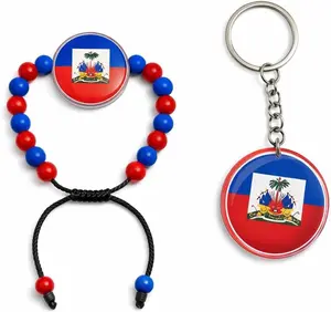 Haitian Flag Keychain & Beaded Macramé Bracelet Set Adjustable Woven Bracelet Acrylic Keychain Haiti Pride Cultural Gift for Men Women