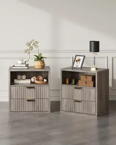 WLIVE Fluted Night Stand Set 2, Wood Nightstands Sets of 2 with Storage Drawers and Open Shelf, Mid Century Modern Bed Side Tables for Bedroom, Dorm