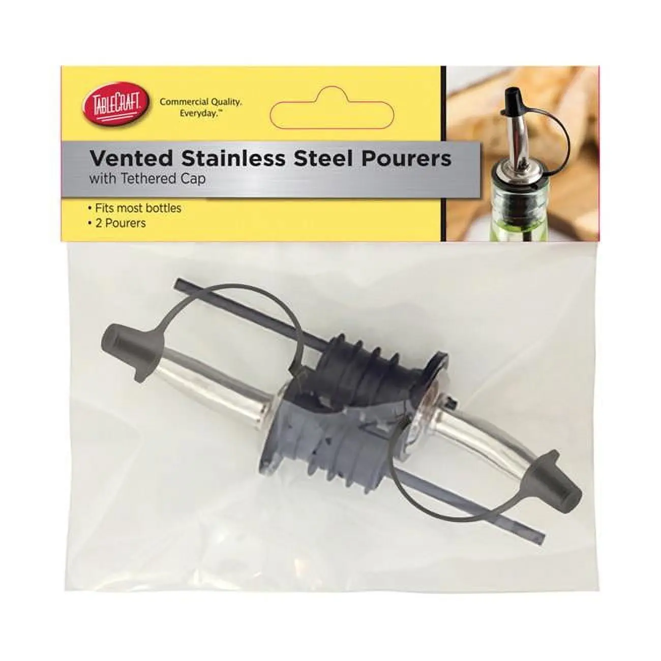 Tablecraft 6505572 Stainless Steel & Plastic Vented Pouring Spout with Vented Cap - Silver & Black, 2 Pieces, for Home Kitchen Bar Utensils