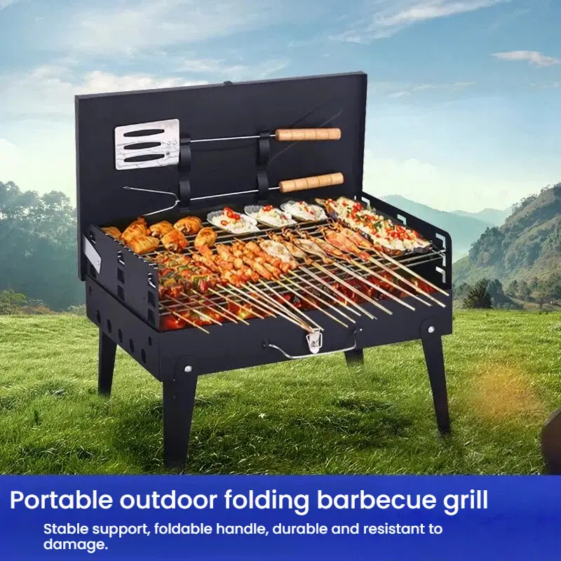 Portable Foldable Alloy BBQ Grill with Tools, 46cm Ideal Height Compact Stand, Backyard Gear for Outdoor Cooking Enthusiasts, Serves 3-4 People