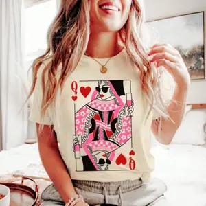 Retro Playing Card Queen Graphic Tee Unisex Top Cute Streetwear Oversized Short Sleeve Crewneck T Shirt Soft Casual Outfit For Vacation Weekend