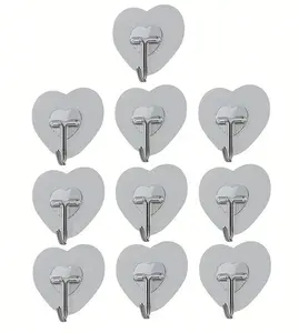 10 pcs Heart Hooks No Drilling No Trace Transparent Heart-Shaped Adhesive Hooks Kitchen Bathroom Household Multi-Functional Door Back Coat Hooks,Wall-Mounted Hooks for Bedrooms, Bathrooms, and Kitchens
