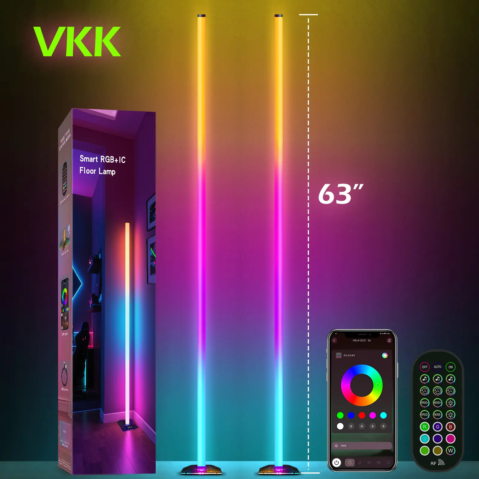VKK New RGB IC Smart Floor Corner Lamp - 63In Adjustable Length RGB LED Strip, App/Touch/2.4G Control, 16M Color Changing, 360° Coverage, Music Sync, Eye-Care Mode, 68 Preset Modes, Decorative Mood Party Lighting for Bedroom, Game Rooms, Color Changing Li