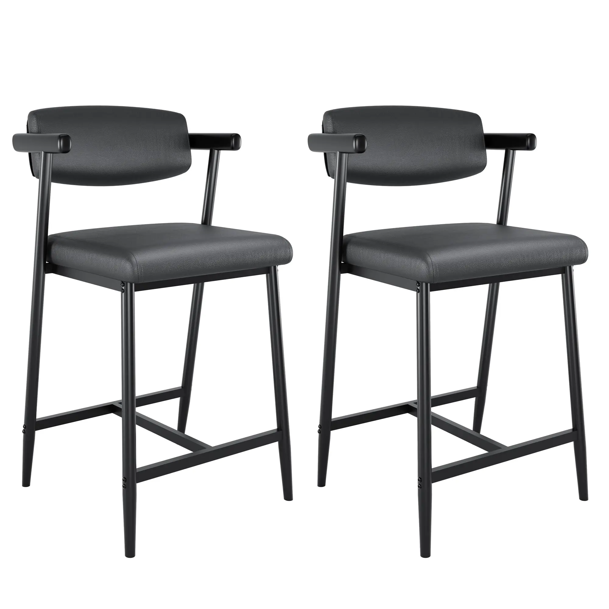 Garvee Set of 2 bar stools with backrest and footrest, upholstered leather bar chair, metal frame, kitchen stool with armrests, industrial dining chair for kitchen, countertop (color