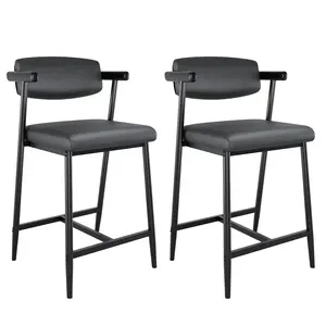 Garvee Set of 2 bar stools with backrest and footrest, upholstered leather bar chair, metal frame, kitchen stool with armrests, industrial dining chair for kitchen, countertop (color