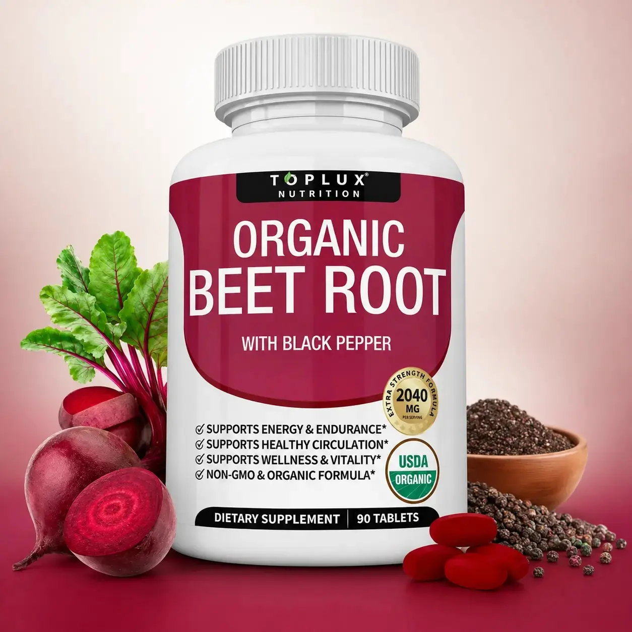 Toplux Organic Beet Root Tablets - Nitric Oxide Booster Beetroot Supplement 2040mg