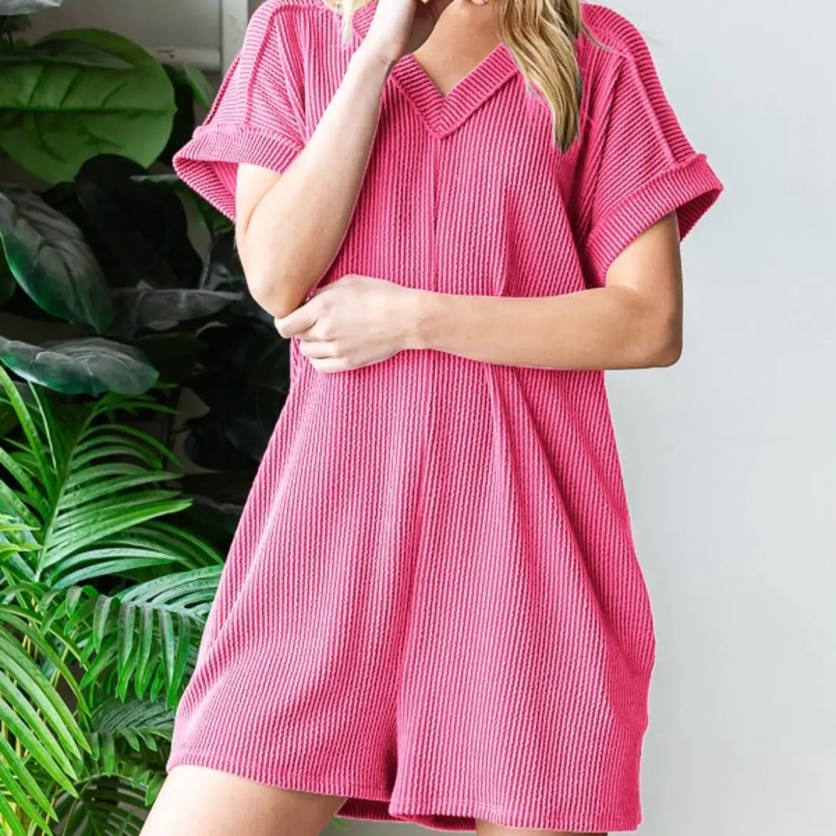 Kaylee Short Sleeve Solid Urban Ribbed Romper W/Pockets- Comfortable