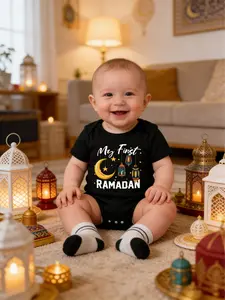 Ramadan Baby Boys & Girls Cartoon Print Onesie Cute Fitted Short Sleeve Jumpsuit All-Season Comfortable Baby Bodysuit Baby Clothing