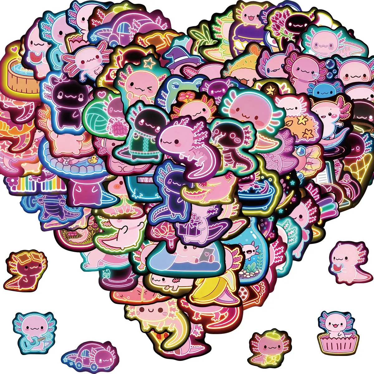 Axolotl Stickers, 100 Pcs Cute Axolotl Vinyl Waterproof Stickers, for Water Bottle, Laptop, Phone, Skateboard, School Supplies, Kids Teens Girls