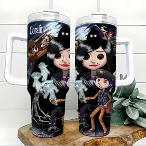 Coraline Movie Inspired 40oz Insulated Travel Tumbler Stainless Steel Mug with Handle and Straw Leak Proof Vacuum Thermal Cup Keeps Drinks Hot 12H Cold 24H Fan Gift Other World Blue Aesthetic Large Water Bottle Reusable Button Eye Mug 2026