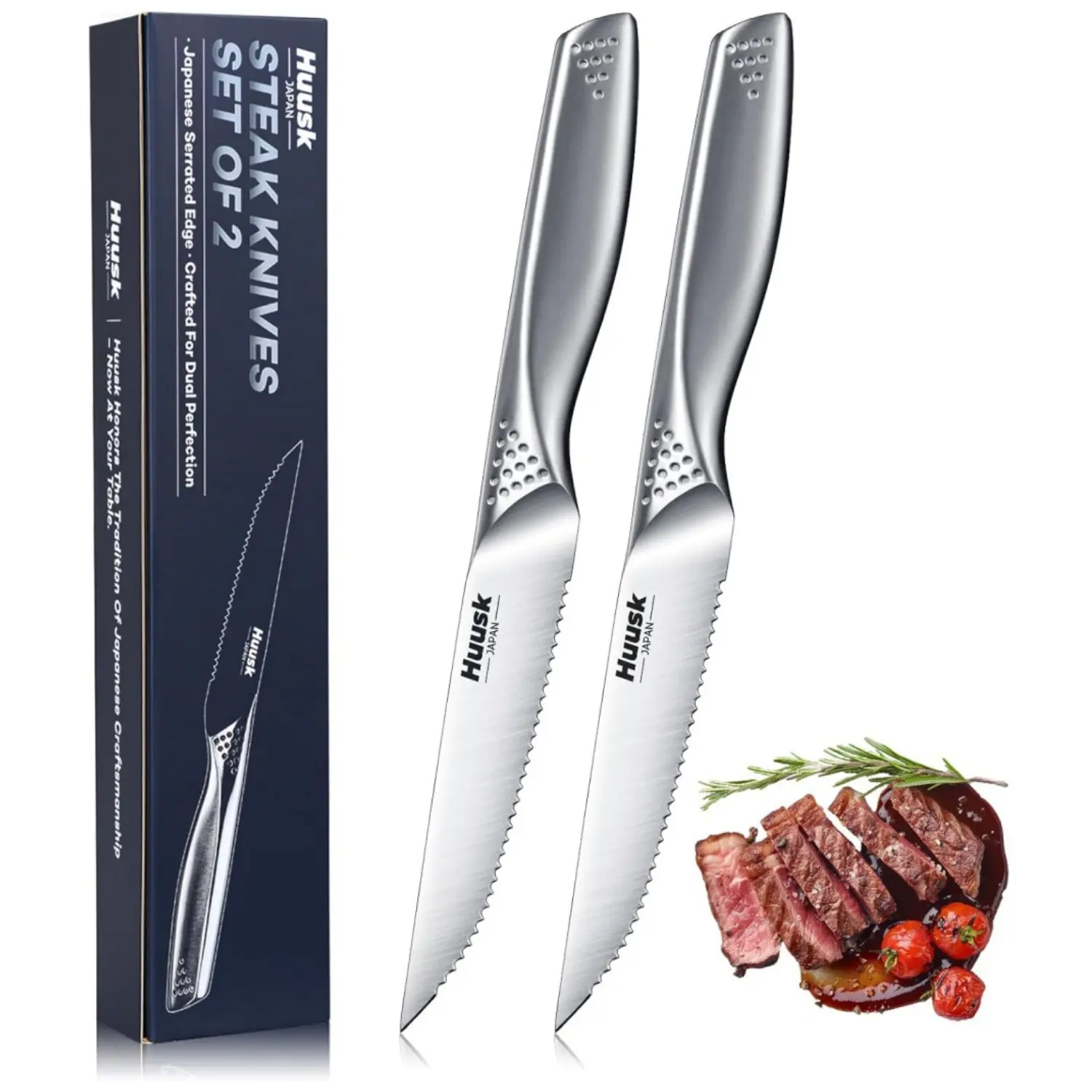 Huusk Serrated Steak Knives Set - 4.5" Japanese Stainless Steel Steak Knives Set of 2, Sharp Dishwasher Safe Dinner Knife for Kitchen Table with Gift Box