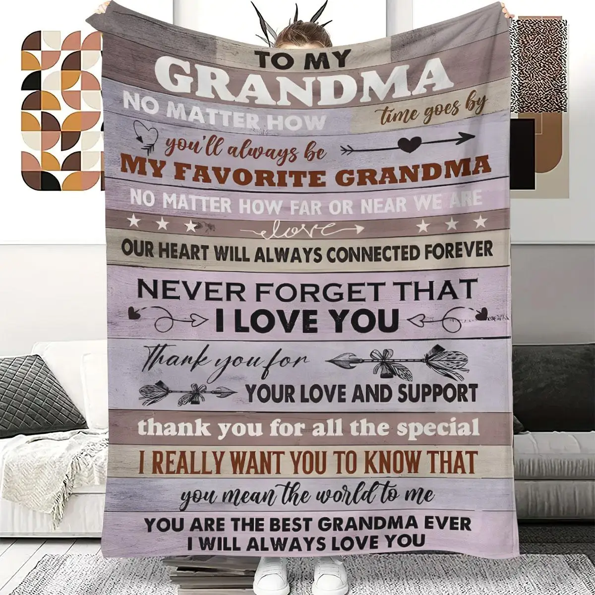 To My Grandma Letter Pattern Flannel Blanket, Soft Throw Blanket, All Season Blanket, Breathable Comfortable Blanket, Portable Napping Blanket for Hom