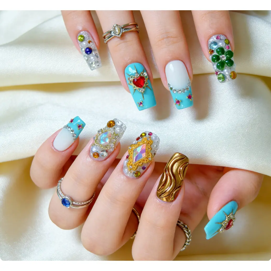 Vosplends Y2K Glittering Jewel Acrylic Press-On Nails - 10pcs Handmade Shiny Duck Bill Nails # # BlingPressOns, # GlitterNails, # JewelLikeNails, # LuxuryNails, # GoldNails, # SparklyNails,. # 3DNails. # Women’s DayNailspress on. nail