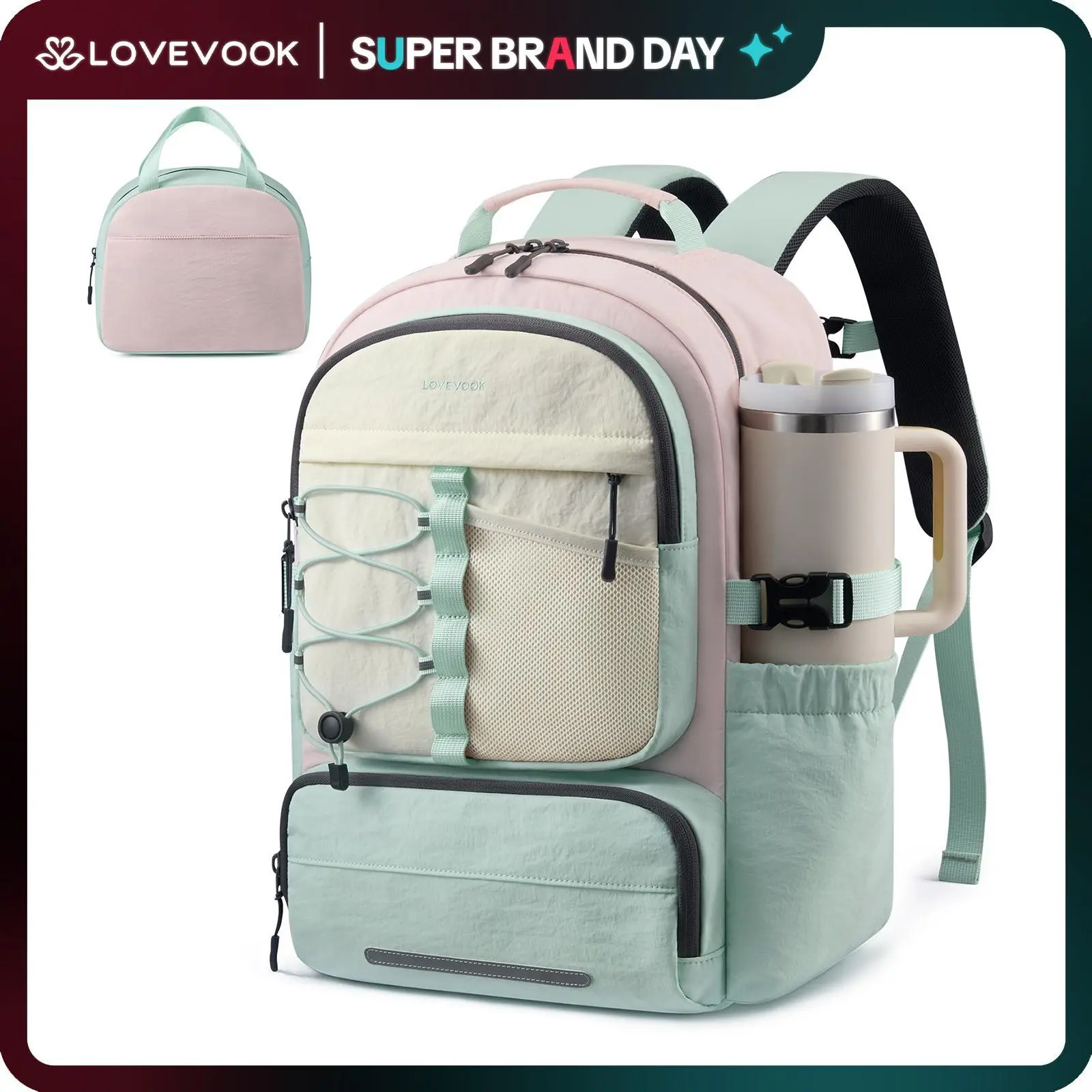 LOVEVOOK School Backpack for Teen Girls, Unique Style College Student Backpacks with Large Cup Holder, Cute Kid Bookbag with Pens Compartment, Large Capacity Back to School Backpack Fit 15.6'' Laptop