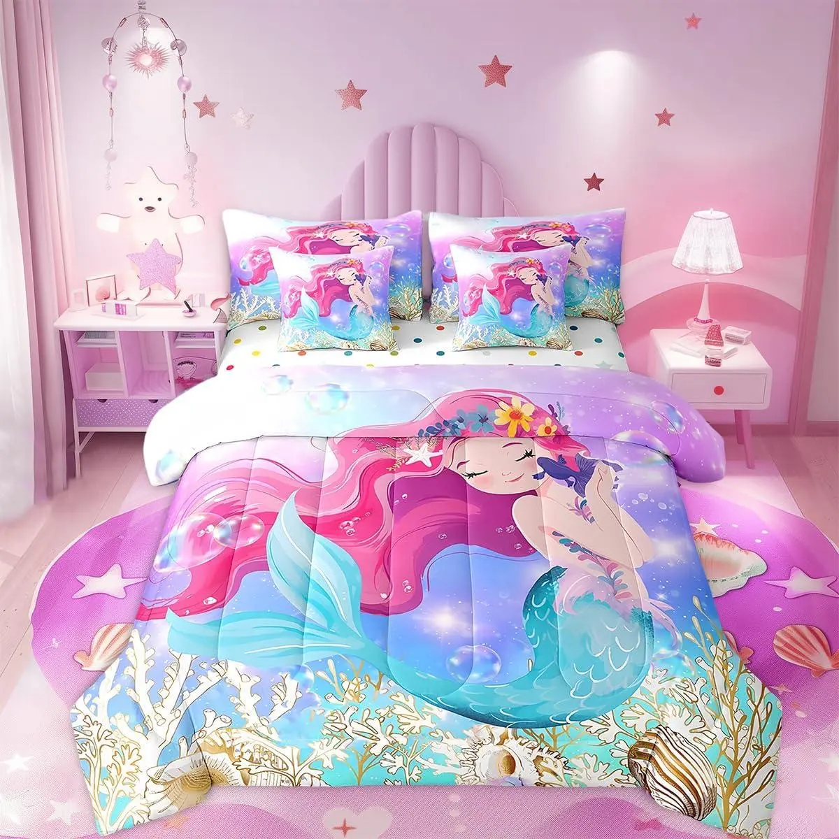 Cute Mermaid Bedding Set 7 Pieces,Cartoon Ocean Animal Comforter Sets,Dreamy Undersea Bedding Comforter Sets with 1 Comforter,2 Pillowcases,2 Pillow Covers,1 Flat Sheet,1 Fitted Sheet