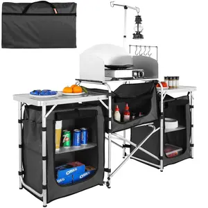【Summervibes】VEVOR Camping Kitchen Table, Folding Outdoor Cooking Table with Storage Carrying Bag, Aluminum Cook Station 3 Cupboard & Detachable Windscreen, Quick Set-up for Picnics, BBQ, RV Traveling, Black