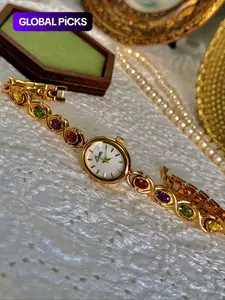 Women's Elegant Multicolor Artificial Gemstone Decorated Quartz Watch, Exquisite Trendy Wristwatch, Fashionable Watch As Gift, Jewelry Bracelet Watch