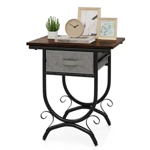 COSTWAY - Side Table with Fabric Drawer and Carved Metal Frame for Living Room