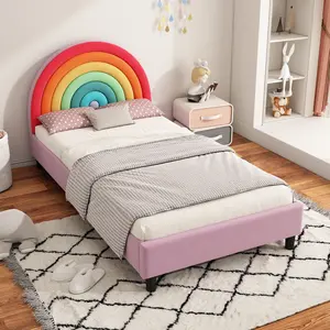 Rainbow Twin Size Bed Frame for Bedroom, Twin Bed with Headboard,Cute Twin Bed,Upholstered Platform Bed, Colorful & Pink