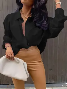 Women's Plain Button Front Blouse Top, Fitted Solid Color Design, Ideal for Work Office Business, Perfect for Spring & Fall Season