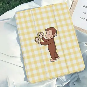 Curious George yellow checkered pattern, adjustable stand and pen slot, foldable non-slip TPU protective case, suitable for Samsung, iPad mini, iPad Air, iPad Pro/iPad 10th generation, 11th generation and other iPad models.