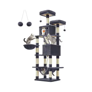 81.1-Inch Cat Tree, Multi-Level Cat Tower with 13 Scratching Posts, 2 Perches, 2 Caves, Plush Cat Condo Pet Activity Center with Basket, Hammock, Pompoms for Indoor Cats, Smoky Gray
