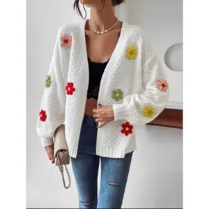 Women's Knit Cardigan with 3D Floral Design, Casual Fitted Sweater for Daily Wear, Fall & Winter Fashion