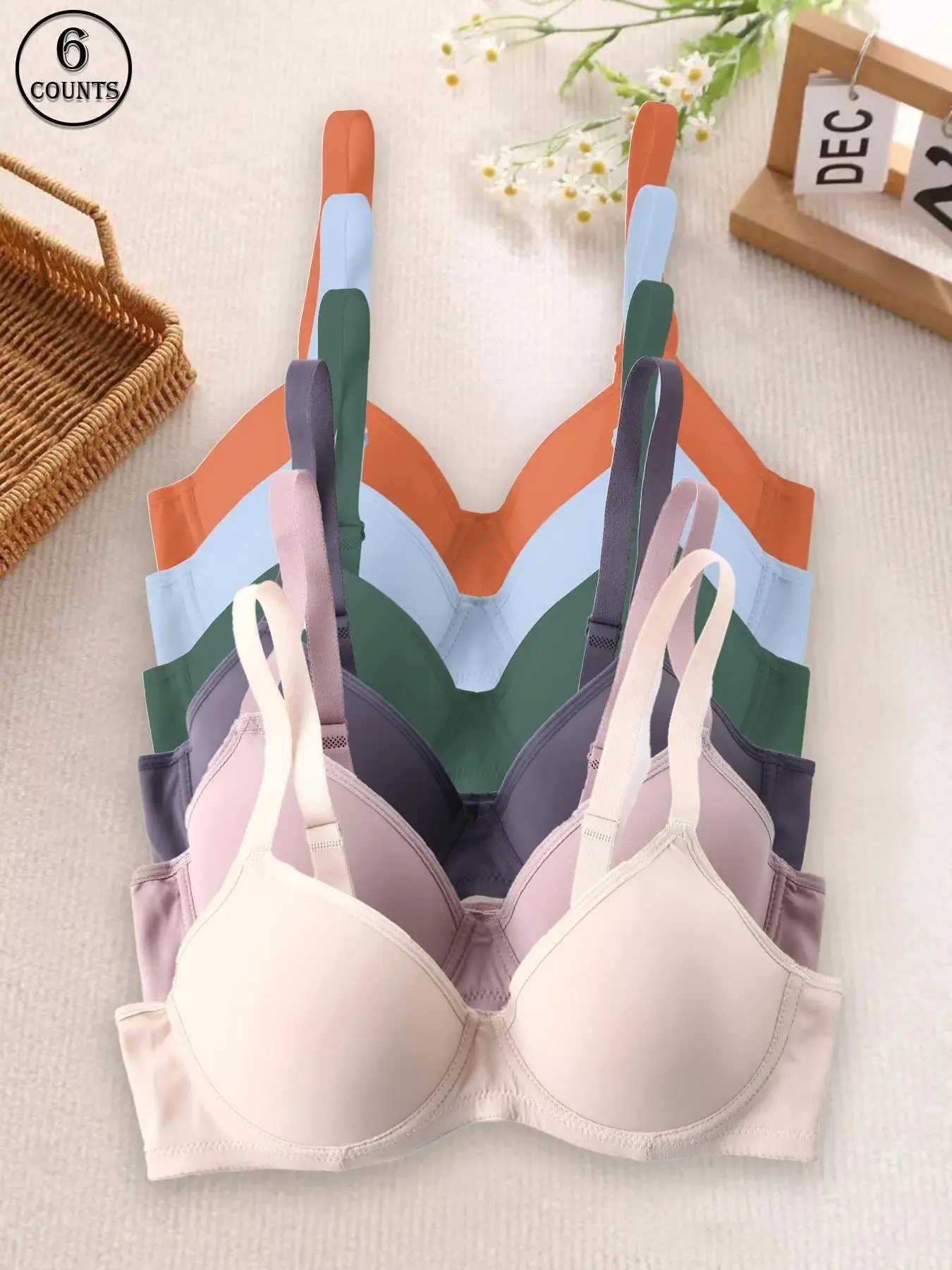 3/6 Pack Basic Casual Minimalist Push-Up Everyday Bras with Steel Ring, Comfortable Adjustable Straps, Breathable Full Coverage, Medium Support, All Seasons