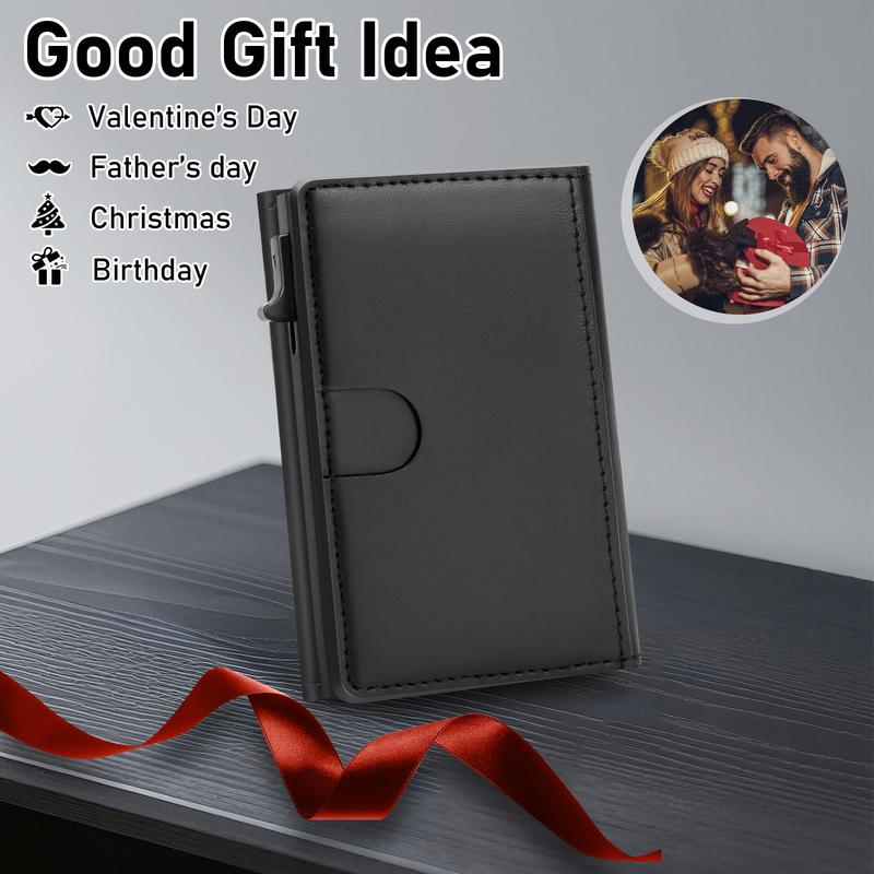 Men's Leather Slim Wallet Compact Design for Cards and Cash One-click to Pop up RFID Blocking 9-14 Card Capacity ID Window Gift for the husband on Valentine's Day