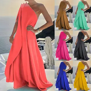 Plus Size Sexy One-Shoulder Dress, Elegant Swing Style for Weddings and Parties, Sleeveless Maxi Nightgown for Summer Guests.