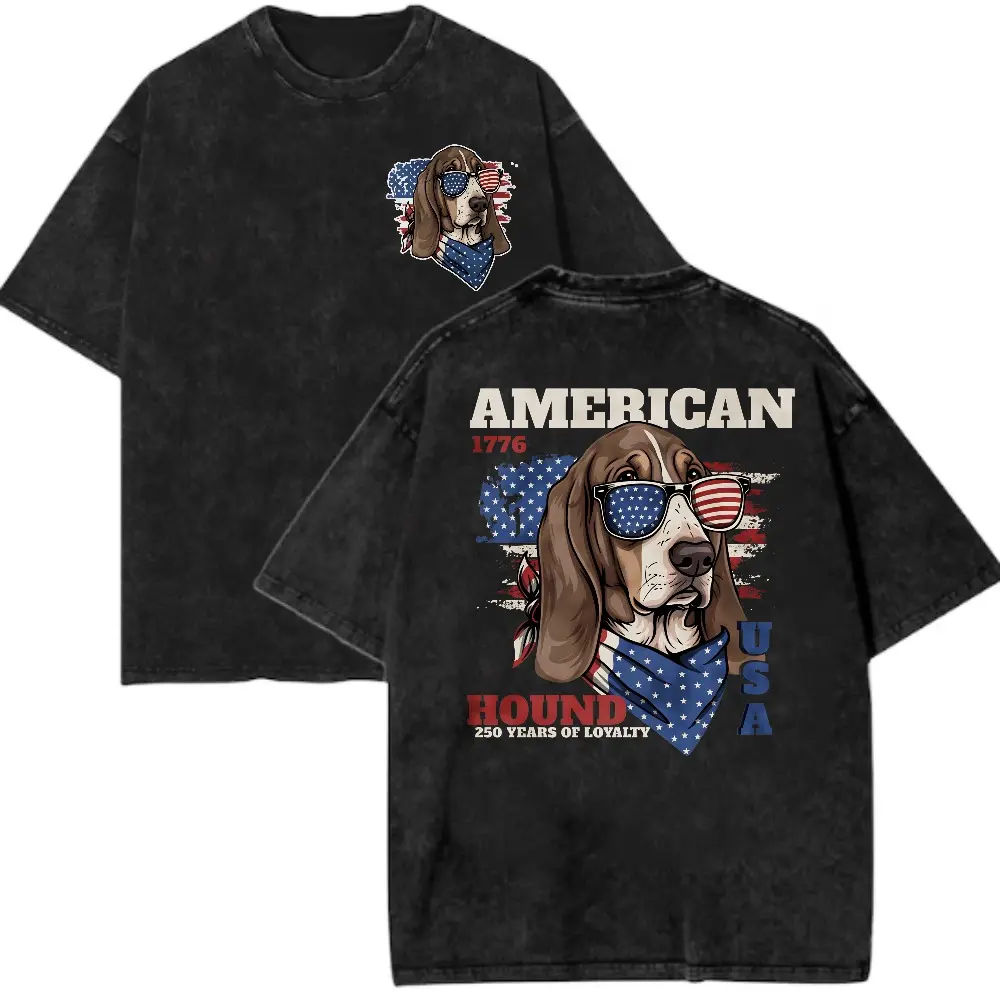 Women's Funny Patriotic Basset Hound T-Shirt, Vintage Washed Breathable Cotton Short-Sleeve Graphic Tee for Dog Lovers, Casual Everyday Fit 4th of July Top, Breathable Fabric, Round Neck