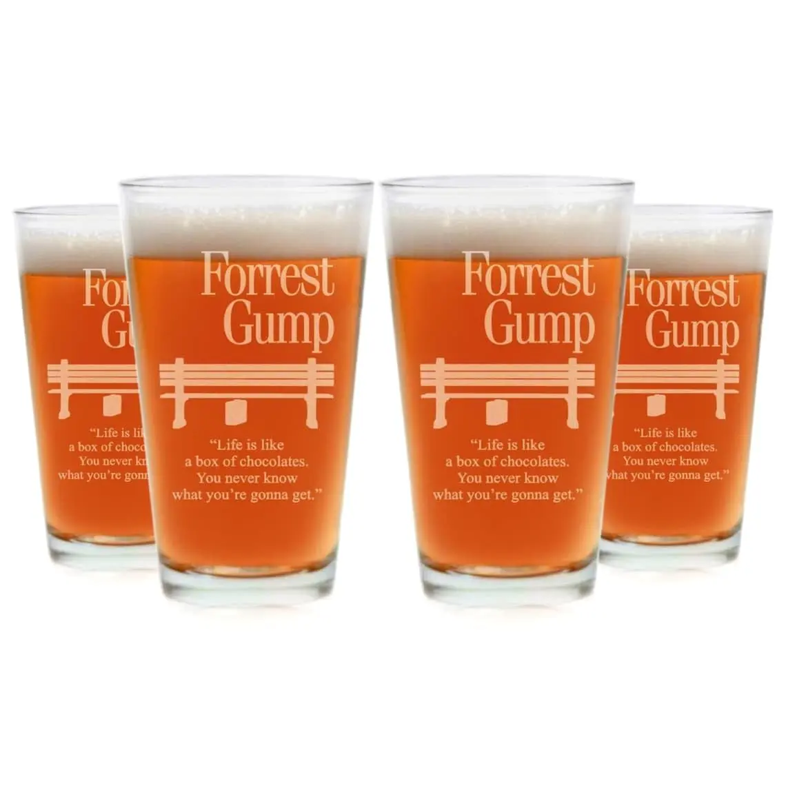 Forrest Gump Etched Pint Glass 16oz set of 4 | w/Logo & Quote "Life is like a box of chocolates.....", Handcrafted Glassware
