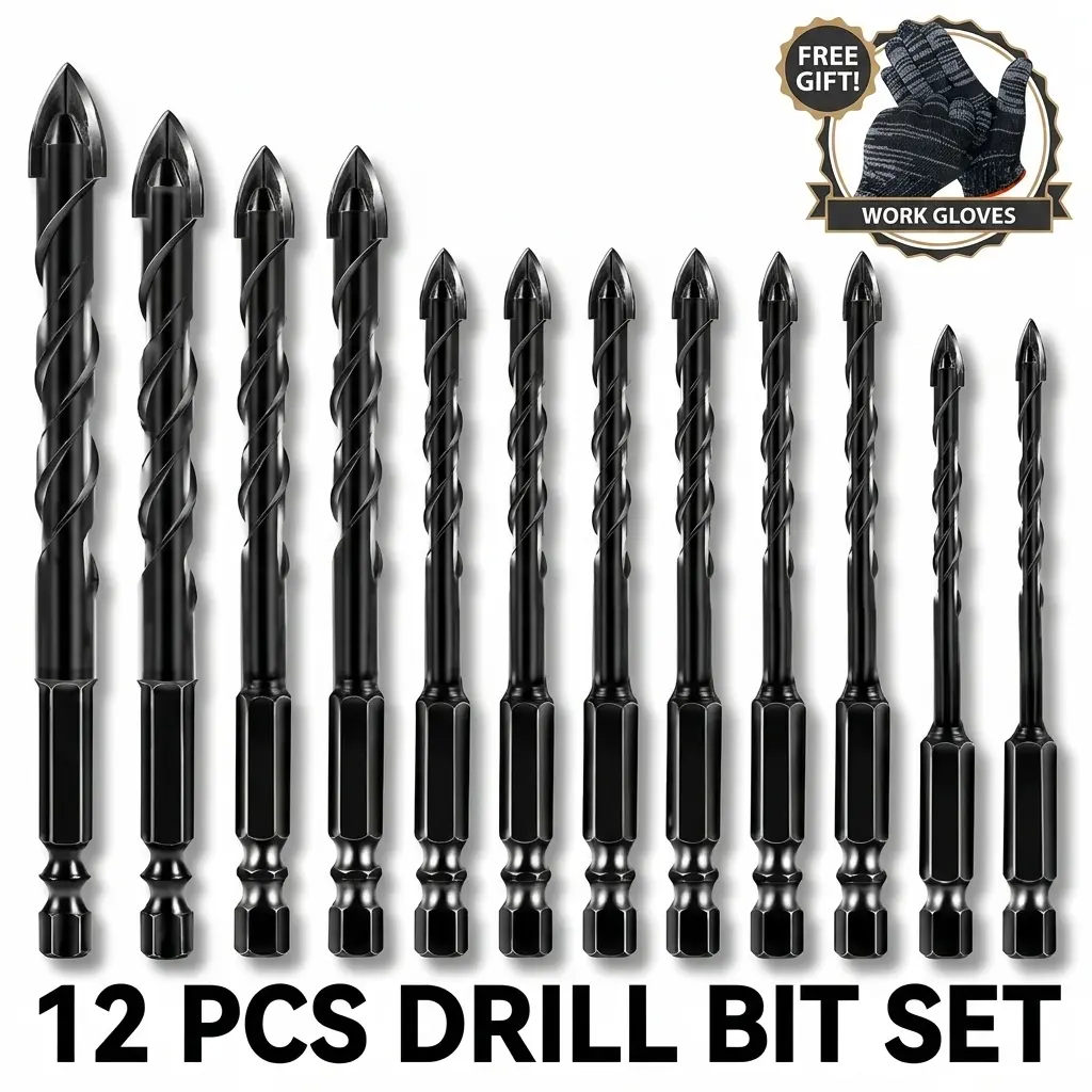 12-PCS Masonry Drill Bit Set with Industrial Carbide Tip Sawtooth Eccentric Design for Tiles Ceramics Glass Marble Concrete Stainless Steel 7 Sizes 1/8" to 1/2" Hexagonal Handle FREE GIFT FOR WORK GLOVES