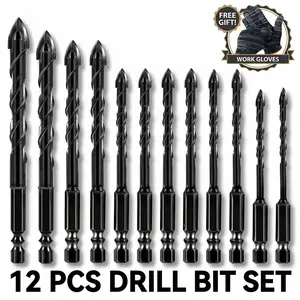 12-PCS Masonry Drill Bit Set with Industrial Carbide Tip Sawtooth Eccentric Design for Tiles Ceramics Glass Marble Concrete Stainless Steel 7 Sizes 1/8" to 1/2" Hexagonal Handle FREE GIFT FOR WORK GLOVES