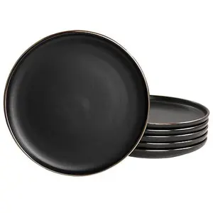 Elama Paul 6-Pc Stoneware Salad Plate Set in Matte Black with Gold Rim