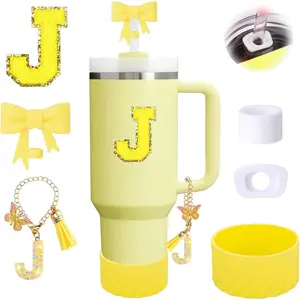 6PCS Yellow Stanley Cup Accessories Fit Stanley 30oz/40oz,Including 10mm Bow-Shape Straw Topper,Personalized Initials Sticker,Spill-Proof Stopper,Sparkly Silicone Boot,Handle Charm (Letter J)