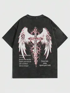 Vintage Washed Cotton Oversized Gothic Cross Wings Graphic T-Shirt | Dark Aesthetic Streetwear for Men & Women | Edgy Alternative Fashion Tee for TikTok Outfits, Y2K Goth Style, Distressed Retro Look | Perfect for Street Style, Concert Fits & Grunge
