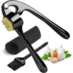 Garlic Press Crusher & Mincer Easy Squeeze Ergonomic Handle Heavy Duty Zinc Alloy Dishwasher Safe Includes Peeler & Cleaning Brush Garlic Ginger Crusher Tool (Black)