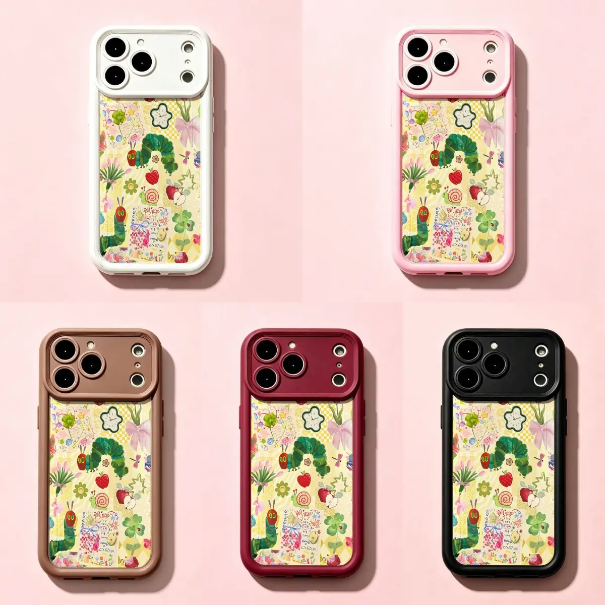 Cute Caterpillar Collage Phone Case |Cute Colorful Fruit & Flower Print Shockproof Cover with Multi-Color Frames For iPhone 17 Pro Max 16 15 14 13 mini 12 mini 11 for Samsung S21 S22 S23 S24 S25 S26 Phone Case|Gift for Her