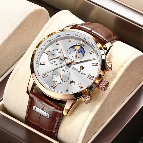 LIGE Men's Analog Quartz Wristwatch - 42 mm, Leather Strap with Clasp, Elegant Dial, Celestial Sun-Moon-Stars Motif, 30M - 50M Waterproof, 12 Months Warranty, Business Casual Multifunctional Fashion Accessory, Valentine's Day Gift for Guys