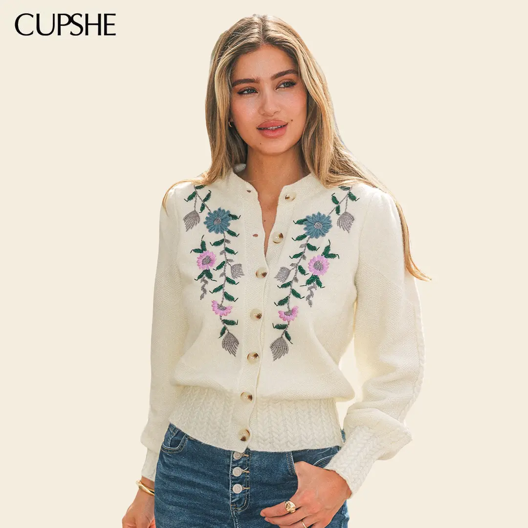 CUPSHE Women's Floral Print Acrylic Knit Cardigan - Cropped Cut, Stand Collar, Button Front, Vintage Inspired, Cozy Long Sleeve Layering Top for Fall Casual Daily Use, Regular Wash Knitwear