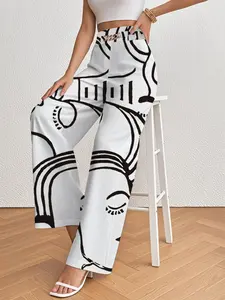Women's Cartoon Abstract Print Wide Leg Pants, High Waist Slimming Boho Style, Halloween Party Loose Casual Vacation Straight Leg Boho Fashion Trousers