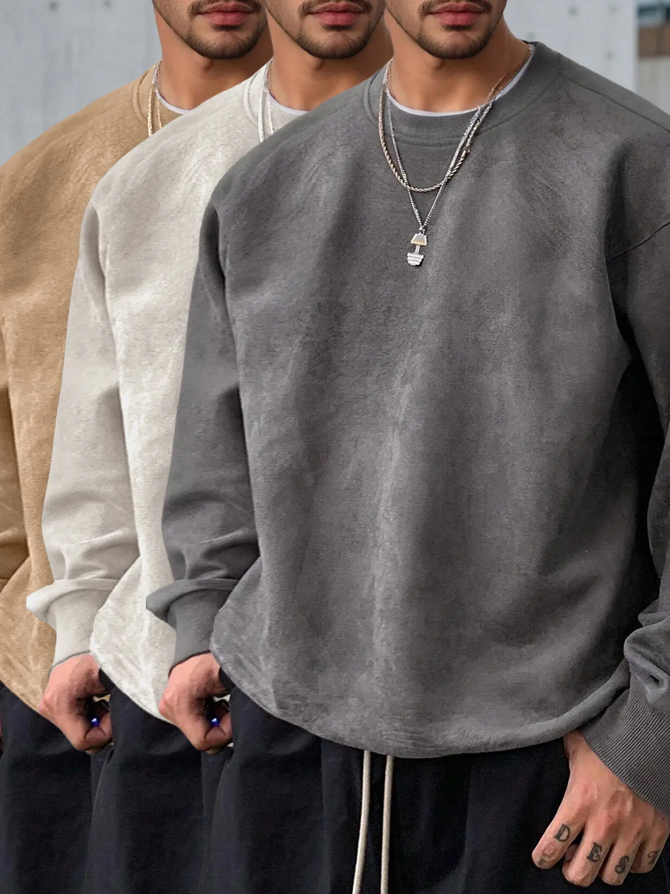 dark gray + apricot + camel.