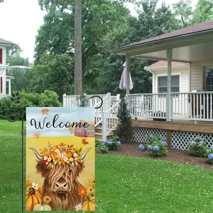 Autumn Farmhouse Garden Flag, Pumpkin & Cow Design, 12x18 Inch Double-Sided Linen Material, Vertical Outdoor Patio Decoration