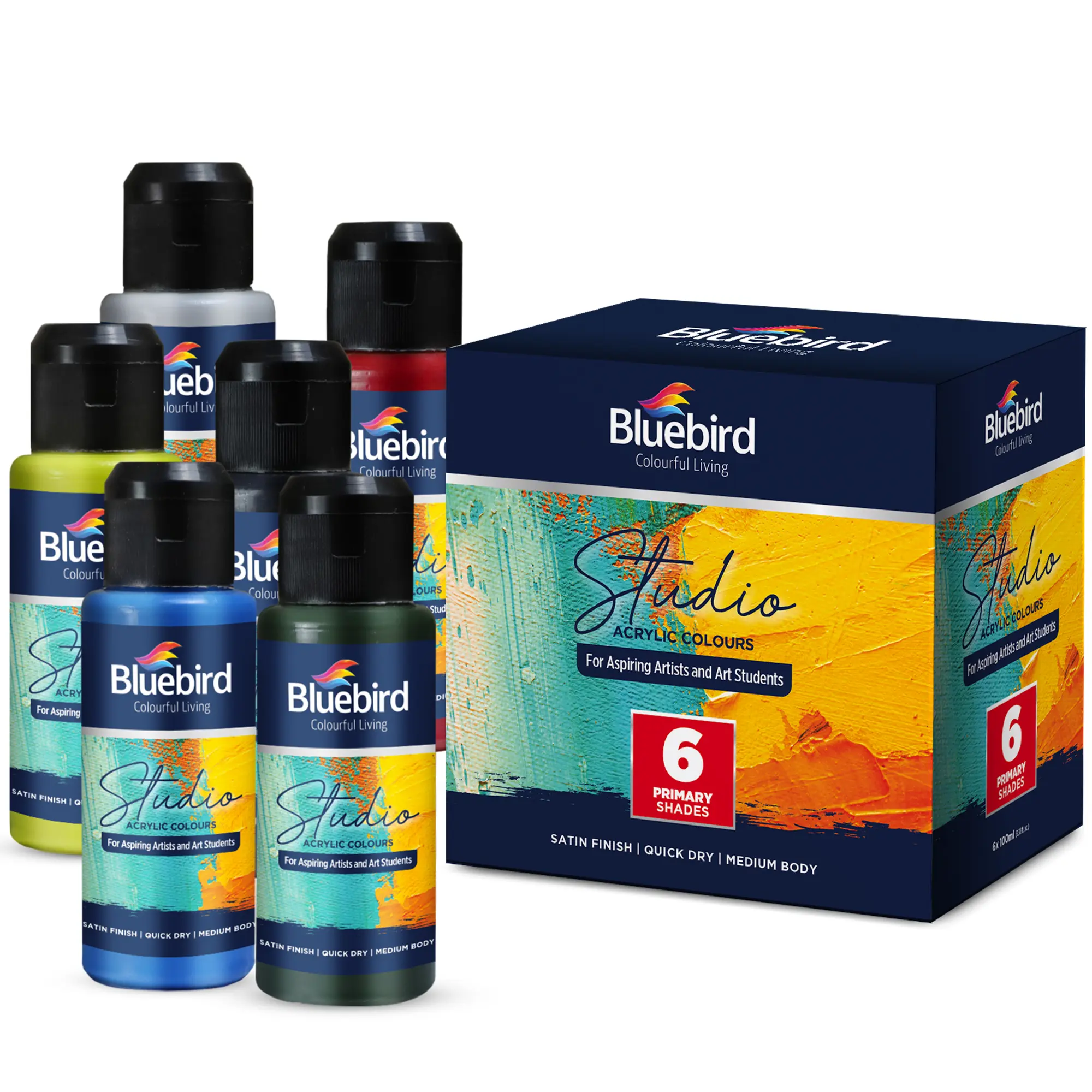 Bluebird Studio Acrylic Paints, Primary Colors, 6-Pack 3.4 Fl Oz each, Basic Acrylic Paint For Kids, Students & Beginner Artists