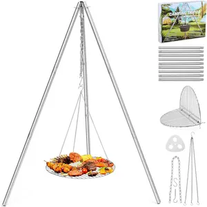 Campfire Camping Tripod Grill Grate(17" Dia.), Heavy Duty Stainless Steel Openfire Tripod with Over Firepit Rack Camp Equipment, Adjustable Height Stand for Outdoor BBQ Cooking Grilling